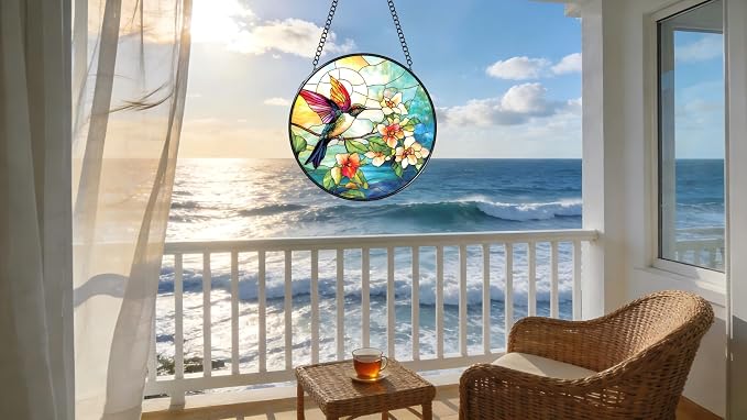 Stained Glass Window Hanging - Colorful Hummingbird Stand on Branches Covered in Flowers 6.3 Inches Suncatcher for Garden Home Decor for Women Mom Grandma Friends