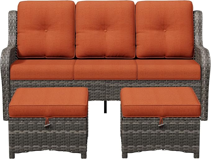 3-Piece Outdoor Couch Set, Include Wicker Patio Sofa with Thickened Olefin Cushions, High Back and Deep Seating, Hand-Woven PE Rattan and 2 Ottomans, Patio Conversation Set for Porch, Deck