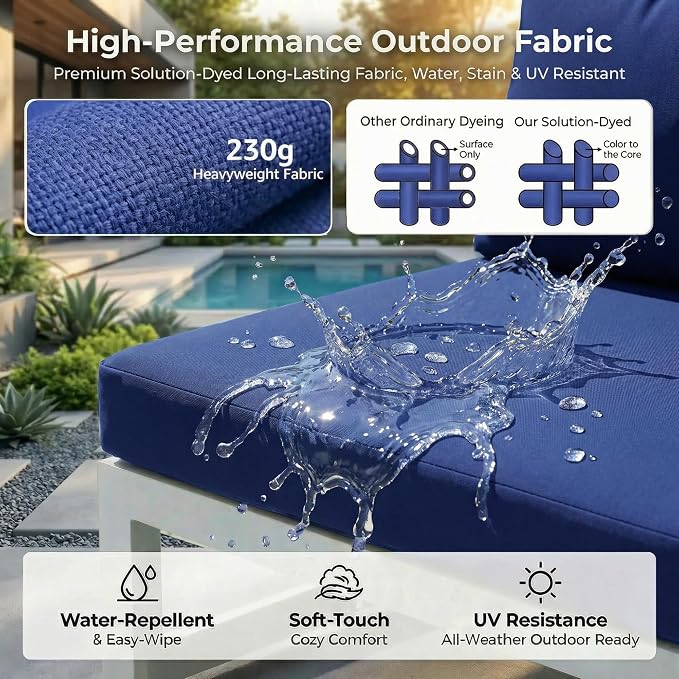 RADIATA 11 Pcs Oversized Contemporary Aluminum Patio Furniture Set, All Weather Modular Sectional Sofa with Tanning Chair & Fireplace, 500 lbs Heavy Duty Comfy Outdoor Couch for Beach Deck, Navy Blue