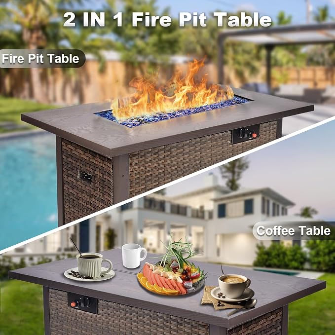 Grezone 15 Piece Patio Furniture Set with 44" Fire Pit Table, Outdoor Sectional Couch, PE Rattan Patio Conversation Sets with 4inch Cushions for Backyard Red