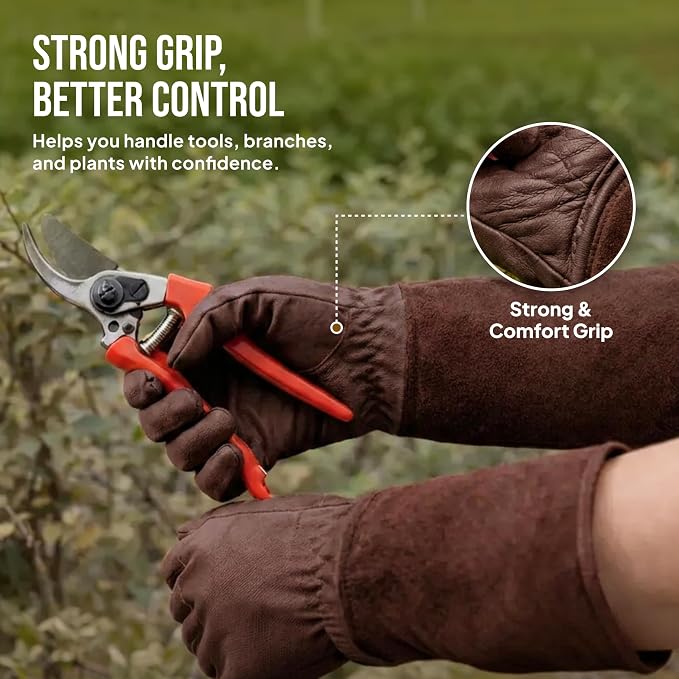 Craft911 Thorn Proof Gardening Gloves for Women & Men, Long Rose Pruning Gloves with Cowhide Leather Gauntlet & Forearm Protection - Brown (L)
