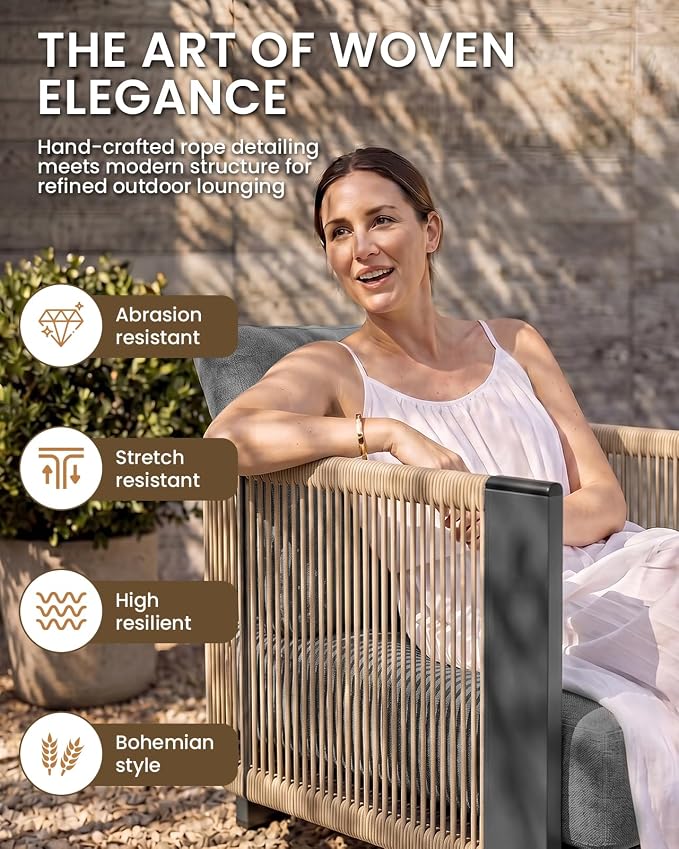 Vexwalx Luxury Patio Furniture Set, 4-Piece Curved Outdoor Furnitrue Set with Weather-Resistant Aluminum Frame and 7.1" Thicker Cushion, Woven Rope Patio Conversation Set for Deck, Garden
