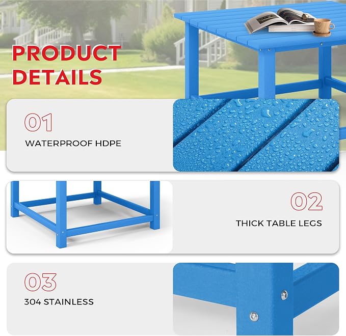 Costaelm Patio Conversation Set, 5 piece Balcony Furniture, Small Patio Firepit Furniture Outdoor Adirondack Square Coffee Table and Chair for Backyard Lawn Porch Pool Garden, Pacific Blue