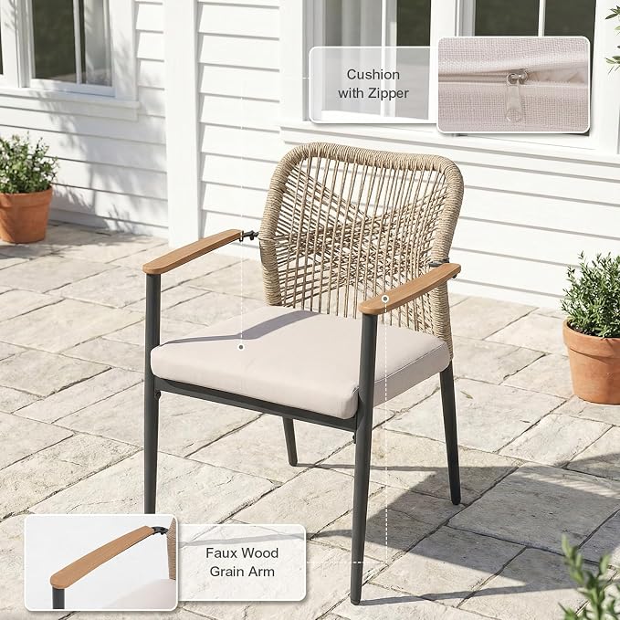 SUNSITT 9 Piece Outdoor Patio Dining Set, Patio Dining Furniture Set with 82.6” Metal Dining Table w/WPC Tabletop and 6 Woven Rope Patio Chairs w/WPC Armrests for Garden, Beige