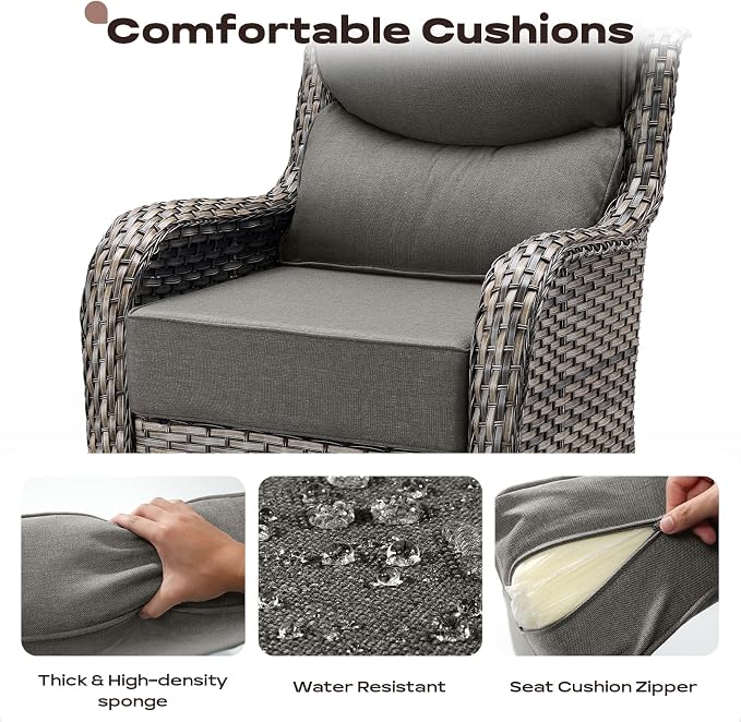 Rilyson Wicker Outdoor Patio Furniture Set - 5 Piece Patio Conversation Sets with Swivel Rocker Chairs, Ottomans and Side Table, 6 inch Cushions, Waterproof Wicker, for Porch Deck Mixed Grey/Grey