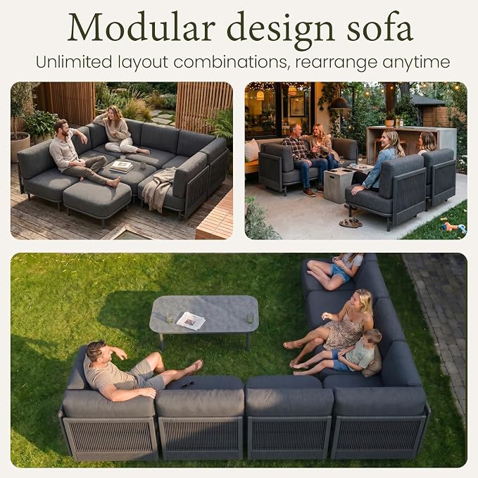 LayinSun 6 Pieces Patio Furniture Set, Modern Outdoor Modular Sectional Conversation Set L-Shaped Sofa with 7-inch Cushion for Garden Backyard Deck