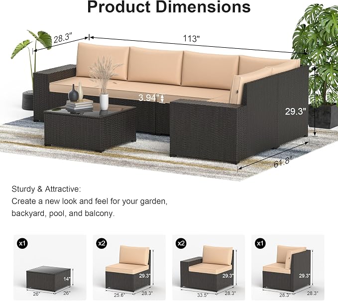 Patio Furniture Set, 7PCS Patio Sectional w/ Fire Pit Tabel Ottoman Wicker Rattan Outdoor Furniture with Thickened Cushion Modular Wicker Patio Conversation Set with Glass Top Table for Balcony(Khaki)