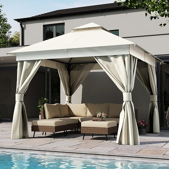 LAUSAINT HOME 10'x10' Outdoor Gazebo, Metal Frame Heavy Duty Patio Canopy Tent Shelter with Double Roofs, Mosquito Nettings and Privacy Screens for Backyard, Garden, Lawn, Cream White