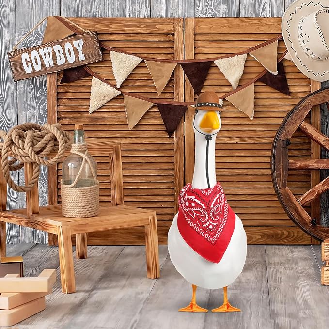 Shyyween Western Cowboy Porch Goose Outfits for 23"/ 17'' Lawn Cement Goose Statue Clothes Cowboy Hat with Bandana Scarf(Brown,Red)