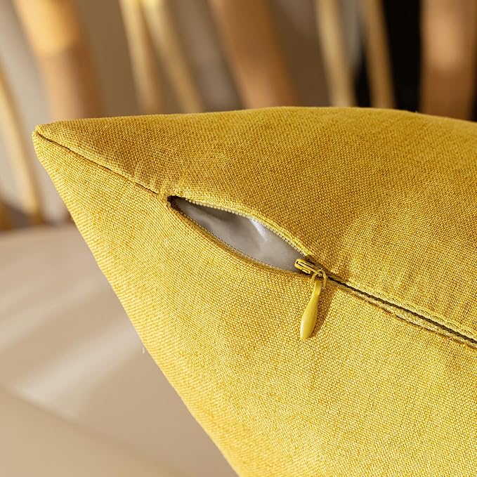 Outdoor Throw Pillow Covers Mustard Yellow 20x20 Set of 2 | Waterproof Decorative Farmhouse Linen Pillowcases Solid Cushion Cases for Patio Tent Balcony Couch Sofa Living Room