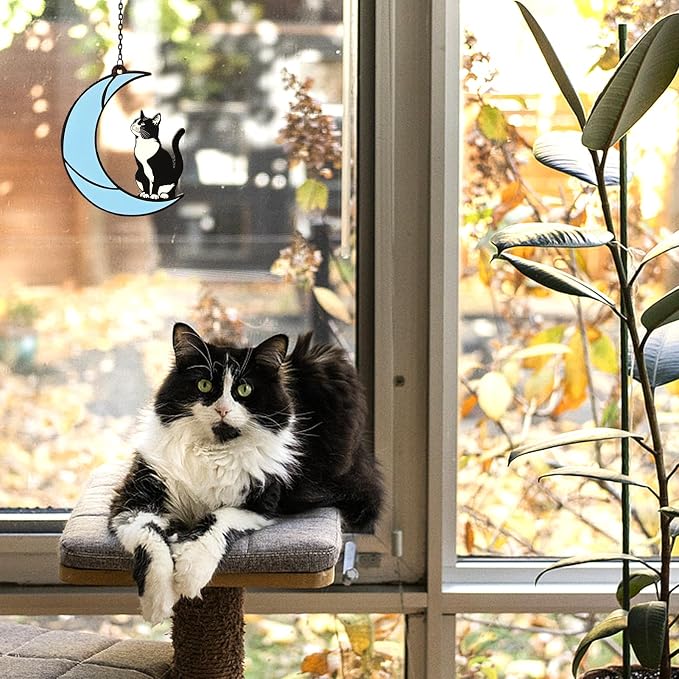Black and White Cat Gift,Tuxedo Cat Stained Glass Art Suncatcher | Cat memorial gift and home decor for cat lovers, family, or friends; hangs in windows, patios, or gardens to honor memories
