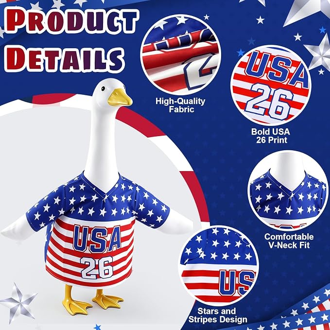 4th of July Patriotic Goose Outfit, USA Soccer Jersey Style Shirt for 23 Inch Porch Goose Statue, Stars and Stripes American Flag Clothes for Independence Day, Outdoor Garden Lawn Decor