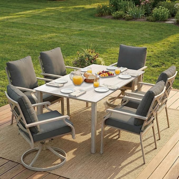 7-Piece Patio Dining Set, White Food-Grade Sintered Stone Dining Table with Umbrella Hole, 4 Dining Chairs and 2 Swivel Chairs with Grey Removable Thickened Cushions for Garden Lawn Yard