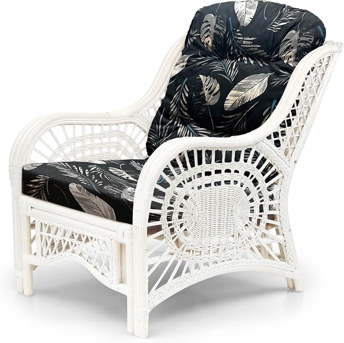 Malibu Lounge Set of 4: 2 Natural Rattan Wicker Chairs, Three-Seater Sofa and Coffee Table with Glass Handmade, White Color with Black Leaf Cushions