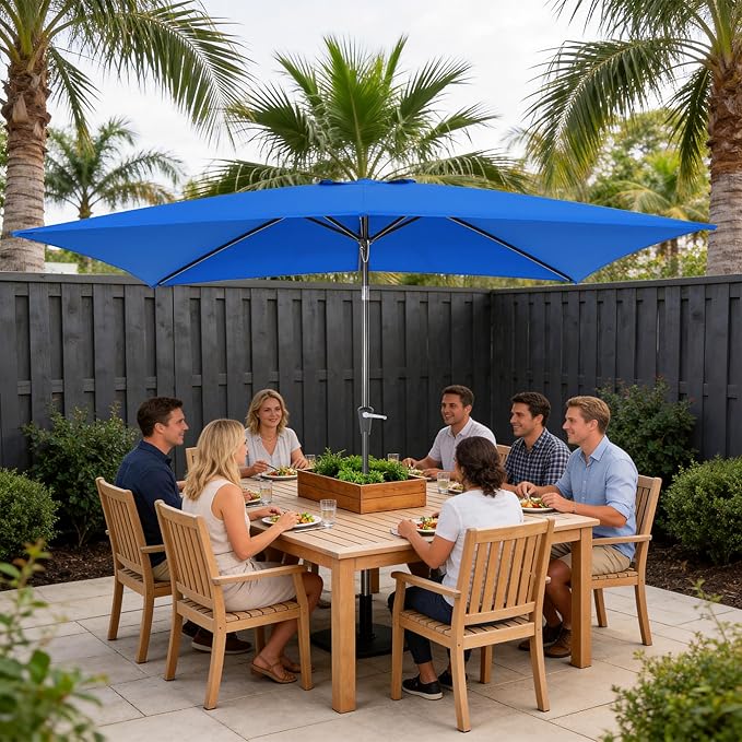 HASLE OUTFITTERS Rectangular Patio Umbrella, 6.5 x 10 ft Rectangle Table Umbrellas w/Heavy Duty Ribs, Effortless Crank and Push Button Tilt, Wind Resistant Sun Umbrella for Outdoor Patio, Blue