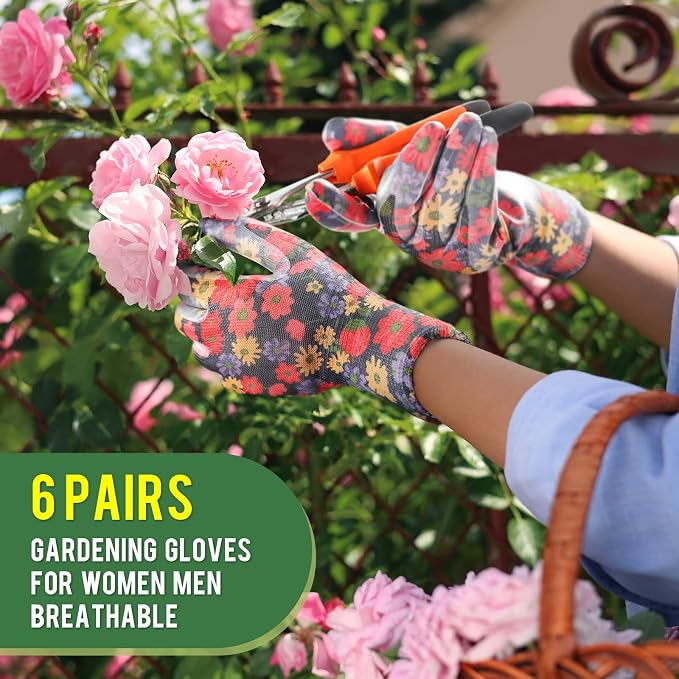 6 Pairs Gardening Gloves for Women - Breathable Rubber Coated Garden Gloves, Multi-purposes Gardening Gloves