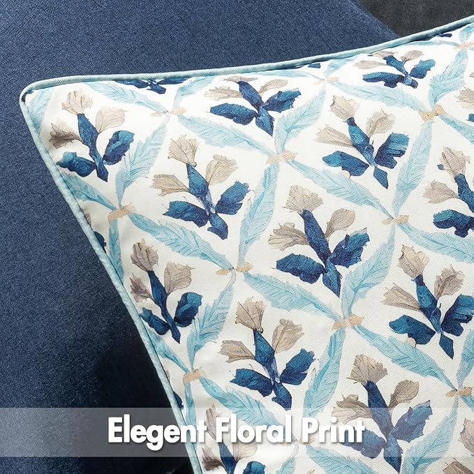 MIULEE Outdoor Floral Pillow Covers Waterproof 18x18 Blue Grey | Decorative Block Print,Boho Farmhouse, Set of 2 Coastal Summer Cushion Covers with Piping,Garden Patio Furniture Porch Couch