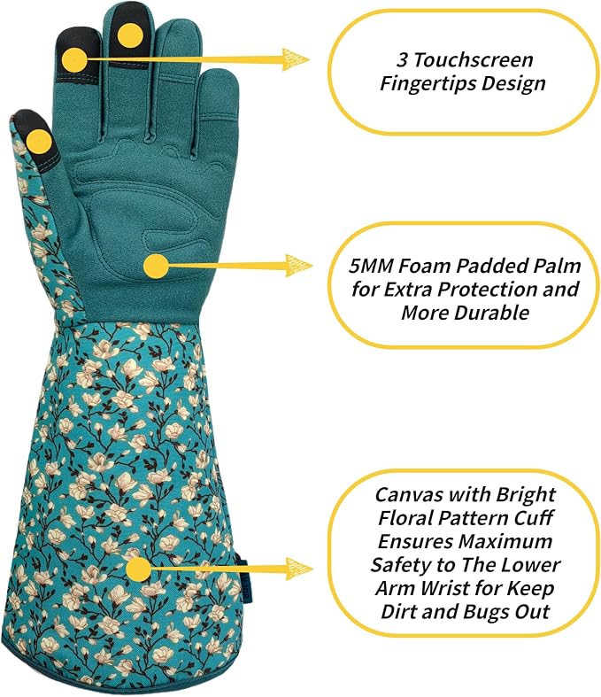 Thornproof Gardening Gloves,Garden Glove for Rose Picking,Gifts | Durable Canvas with Cute Floral Pattern,Synthetic Leather,Touchscreen,Gardening Gifts for Men&Women,Digging,Weeding,Pruning