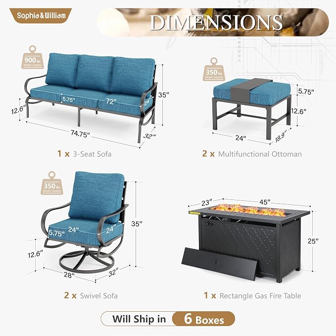 Sophia & William Patio Furniture Sets with 45" Gas Fire Pit Table for 7 Outdoor Conversation Sets 6 Pcs, 2 x Swivel Cushioned Sofa Chairs, 1x3-Seat Sofa, 2xOttomans for Backyard Poolside Peacock Blue