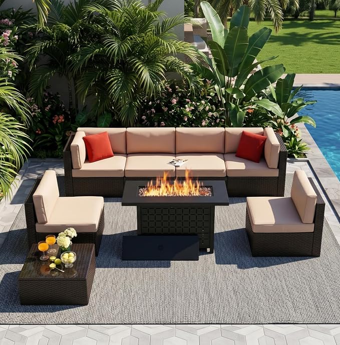 Vongrasig 8 Pieces Patio Furniture Set with 43" Fire Pit, Outdoor Couch Sectional Set, Small Conversation Set, 50,000 BTU Gas Fire Pit Propane Fire Table with Lid, Beige