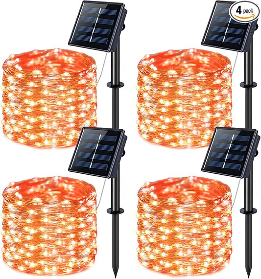 JMEXSUSS 4 Pack Solar Halloween Lights, 33FT 100 LED Orange Fairy Lights | Outdoor Waterproof, 8 Modes Copper Wire Solar String Lights for Outside Garden Yard Patio Tree Halloween Decoratios