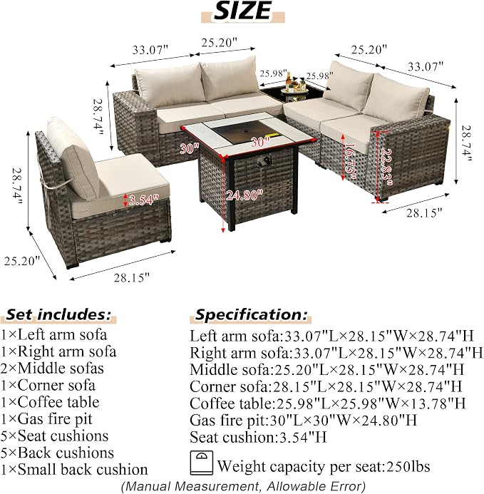 HOOOWOOO Outdoor Patio Sectional Furniture Sofa Set with Propane Gas Fire Pit Table,7 Piece Small Modern Wicker Couch with Widened Armrest,Modular Conversation Seating Set for Out Door(Beige Tan)