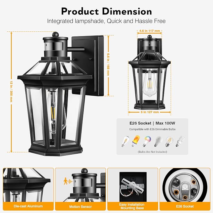 VIANIS Motion Sensor Outdoor Lighting, Outdoor Wall Lights Wall Mount with Clear Glass, Black Dusk to Dawn Garage Light Sconce, Waterproof Exterior Lights for House, Brightness Distance Adjustable
