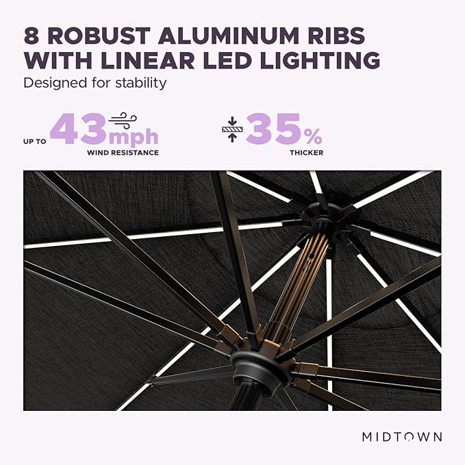 Midtown Umbrellas The LED Swilt 10 Feet Patio Umbrella With Sunbrella Spectrum Carbon Acrylic Fabric - Auto-Tilt Aluminum Frame With LED Lights For Backyard, Deck, Garden, Pool - Black Pole