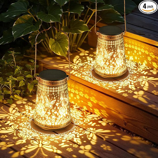 4 Pack Solar Lanterns Outdoor Waterproof, Birthday Gifts for Women Mom | Hollow-Out Metal Butterfly Lantern, 2 Lighting Modes, Outside Hanging Solar Lights for Christmas Decorations, Garden Decor
