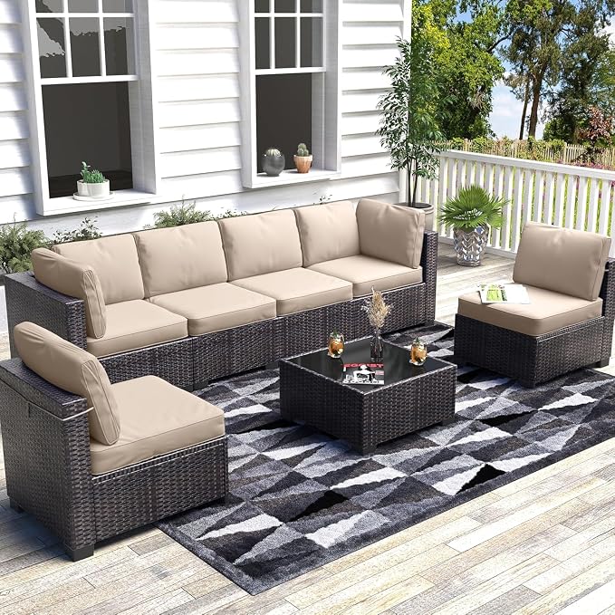 7 Piece Outdoor Patio Furniture Set, PE Rattan Conversation Sofa Set, Wicker Patio Set w/Thick Cushions & Glass Top Coffee Table, All-Weather Outside Furniture for Garden, Balcony,Porch(Brown+Beige)