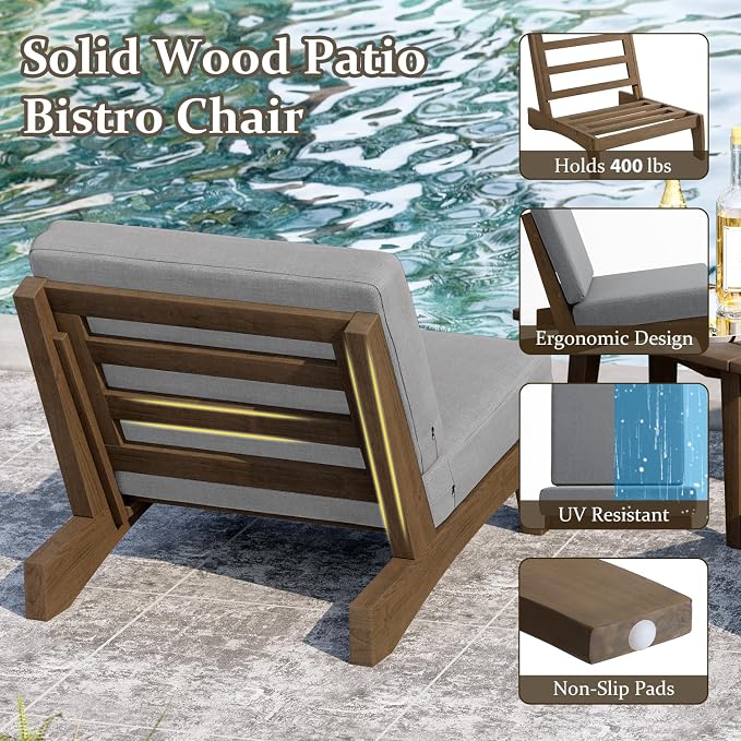 Pia Ricoo 3 Piece Patio Bistro Set with Patio Chairs and Table, Heavy Duty Wood Patio Furniture Set, All-Weather Outdoor Chairs for Balcony, Deck, Poolside, Porch - Gray
