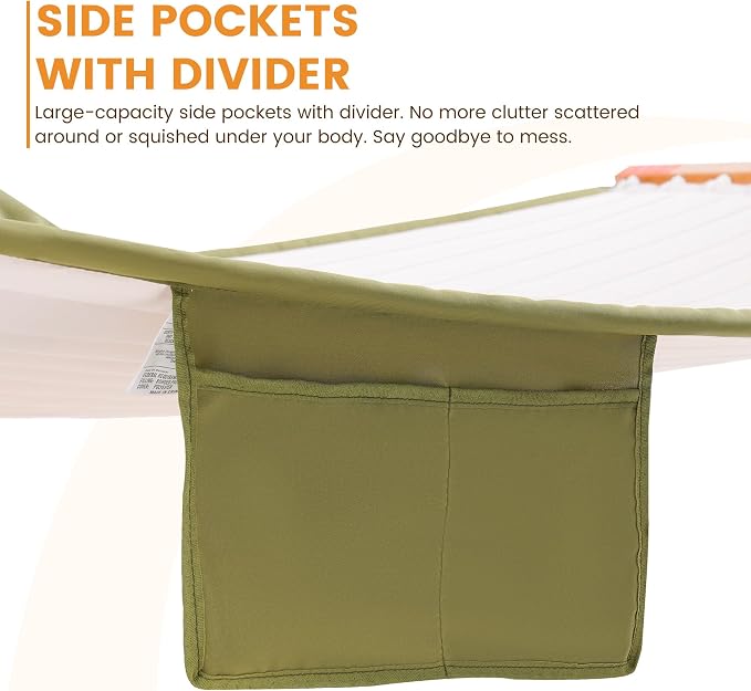 Lazy Daze Hammocks 2 Person Double Quilted Hammock with Spreader Bar, Detachable Pillow & Side Pocket, 450lbs Capacity for Patio Yard Garden Outdoor, Natural & Green