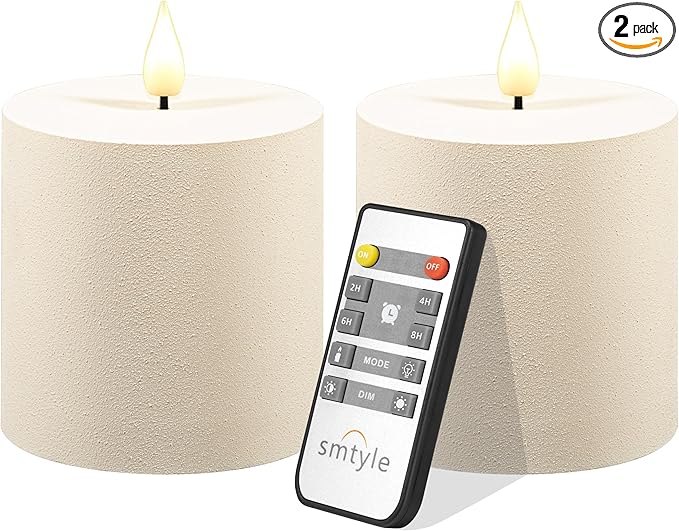 smtyle Vintage Flickering Ivory Plastic Flameless Candles 3 x 3 Inch LED Battery Operated with Remote & Timer, Set of 2 – Neutral Rustic Farmhouse Decor Candles Sandstone Texture Beige