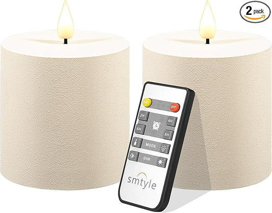 smtyle Vintage Flickering Ivory Plastic Flameless Candles 3 x 3 Inch LED Battery Operated with Remote & Timer, Set of 2 – Neutral Rustic Farmhouse Decor Candles Sandstone Texture Beige
