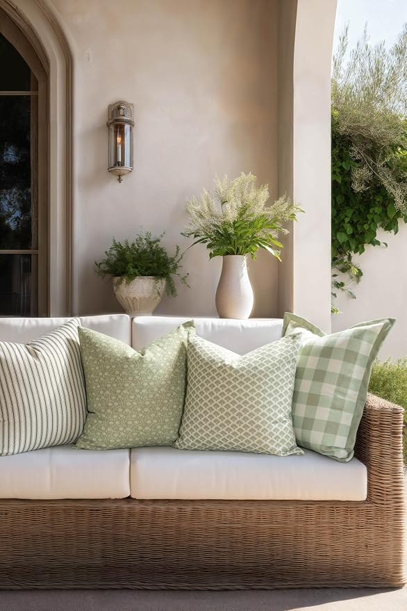 Modern Farmhouse California Casual Indoor Outdoor Throw Pillow Cover, 20"x20" Water Repellent for Patio, Backyard, Couch, Poolside, Light Green Print Ravenala Palm Tree