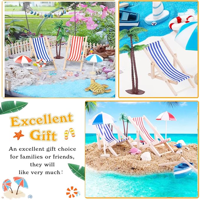31 Pcs Beach Miniature Dollhouse Decoration, Umbrella Palm Chair Miniature Toys Garden Dollhouse Outdoor Accessories Beach Decorations Mini Beach Chair for DIY Garden Plant Pool