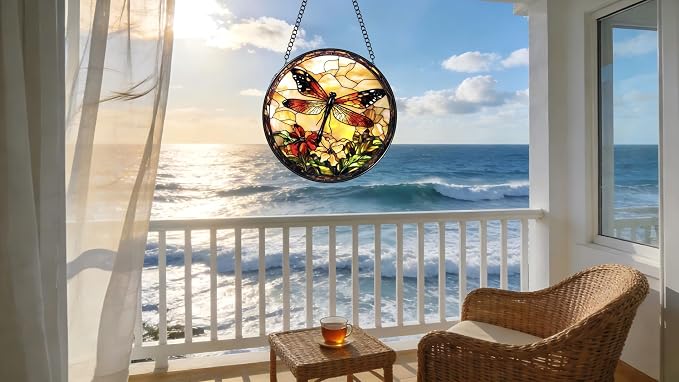 Stained Glass Window Hanging - A Dragonfly is Docked in The Garden 6.3 Inches Suncatcher for Garden Home Decor for Women Mom Grandma Friends