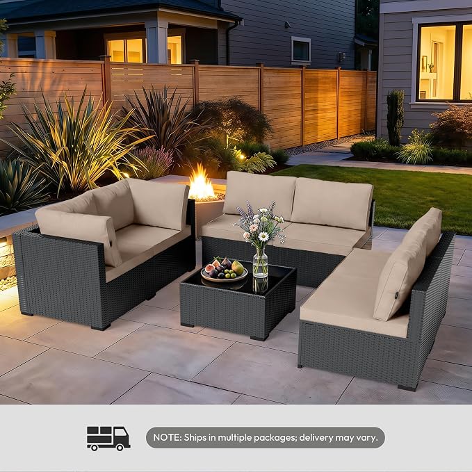 WWR Patio Furniture Set 7 Piece - All-Weather - Wicker Rattan Patio Outdoor Conversation Set, Modular Sectional Sofa for Backyard, Garden, Poolside, Balcony, Porch, Patio, Black/Khaki
