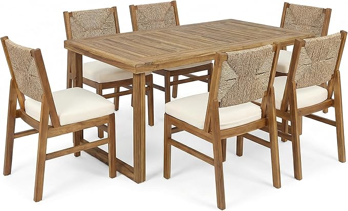 Christopher Knight Home Harly Acacia Wood Patio Dining Set for 6, Solid Wood Outdoor Dining Table Set for 6, 7 Piece Outdoor Dining Set with Rectangular Table and Wicker Backrest, Teak+Cream