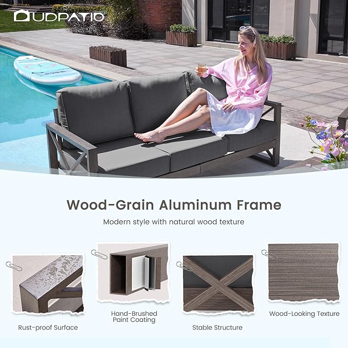 UDPATIO Aluminum Patio Furniture Set, Faux Wood Grain Modern Outdoor Furniture, 6" Cushions Metal Patio Conversation Sofa with Fire Table for Poolside Deck, 6 PCS, Dark Grey(Include 600D Covers)