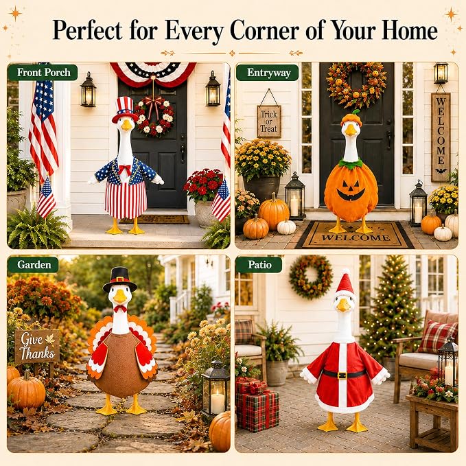 8 Set 23 Inch Porch Goose Outfits, Holiday Goose Clothes | All Seasons Bundle for Valentine St. Patrick Easter Summer 4th of July Fall Halloween Christmas, front porch yard patio decor