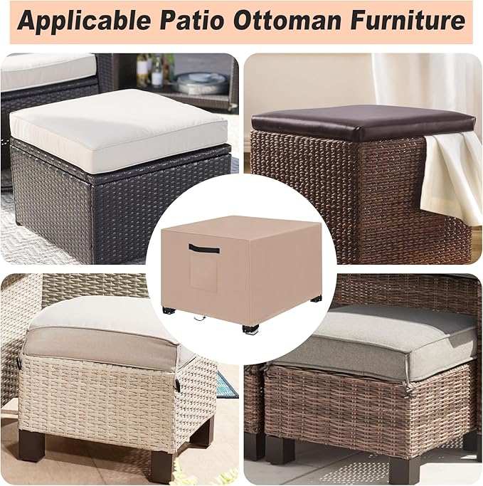 LYHNMW Outdoor Patio Ottoman Cover, 2PCS 32"L x 32"W x 20"H Waterproof Furniture Covering Protector , 600D Heavy Duty Patio Furniture Cover with Padded Handles (Khaki)