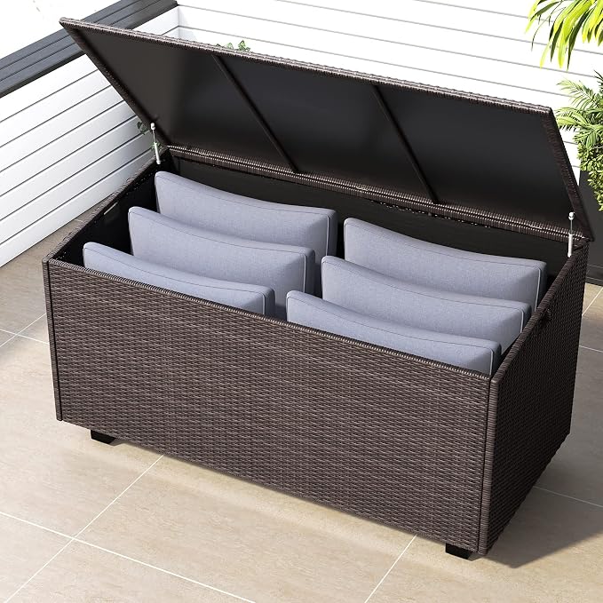 Lepus Large Outdoor Waterfroof Deck Box, 210 Gallon Rattan Deck Storage Box with Built-in Waterproof Bag for Seat Cushion on Patio Garden, Poolside (210, Brown)