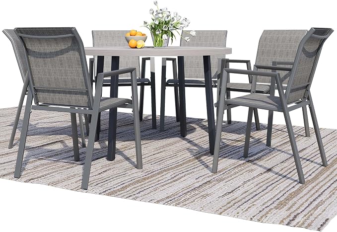 7 Piece Outdoor Dining Set, Patio Table and Chairs Set of 6, 47" Honey Oak Round Patio Table with 6 Grey Stackable Patio Chairs for Lawn, Garden, Porch