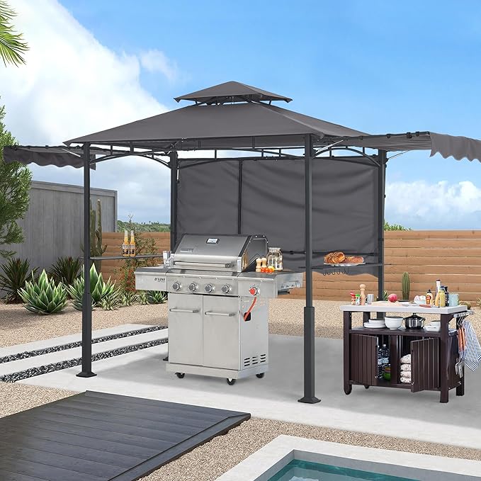 ABCCANOPY Grill Gazebo with Extra Awning on Three Sides - 5'x14' Outdoor Grill Canopy BBQ Gazebo Barbecue Canopy with LED Lights for Backyard, Lawn and Patio (Dark Gray)