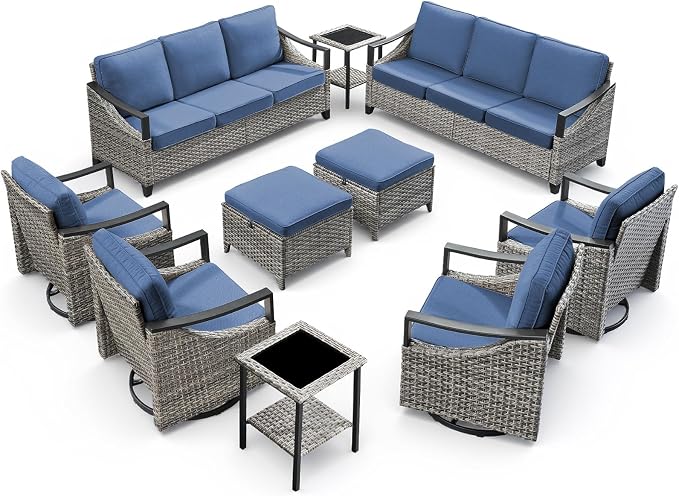 10 Piece Wicker Patio Furniture Sets-High Back Wicker Swivel Rocker Patio Chairs Set of 4 with Thick Cushions Ottomans, Outdoor Sofa, Patio Conversation Sets for Porch Balcony Patio Deck Grey/Blue
