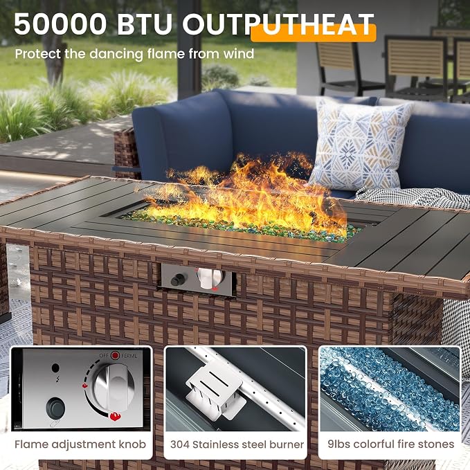 UDPATIO Patio Furniture Set with 44'' Fire Pit Table, 8 PCS Outdoor Sectional Furniture Sets, Slanted Back Outdoor Conversation Set PE Rattan Sofa for Porch W/Coffee Table, Grey