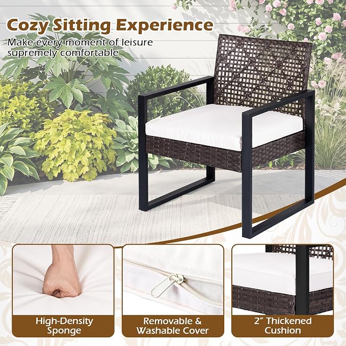 Tangkula 4-Piece Patio Conversation Set, Outdoor Furniture Set w/2 Single Chairs, Cushioned Loveseat & Acacia Wood Coffee Table, PE Wicker Seating Set w/Metal Frame & Adjustable Feet for Yard (Brown)