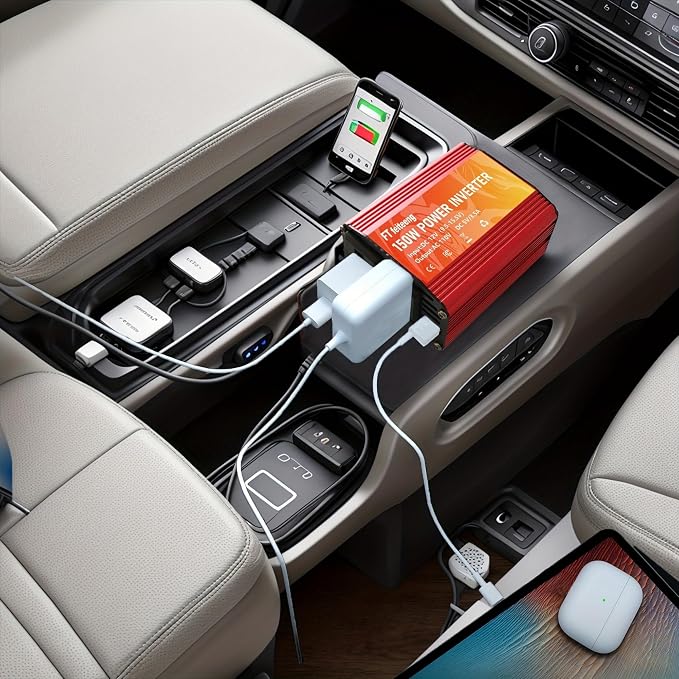 150W Power Inverter 12V DC to 110V AC Car Plug in Adapter Outlet with 2 AC Outlets, Type-C, USB Port Cigarette Lighter Adapter for Phone, Laptop and Small Devices on Road Trip