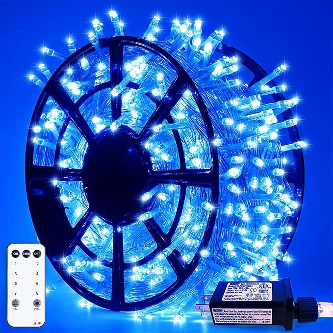 JMEXSUSS 8 Modes 163 FT 500 LED Blue Christmas Lights Outdoor Waterproof | Remote Control Blue String Light Plug in, Clear Wire Christmas String Lights for Tree Yard Patio House Party Decorations